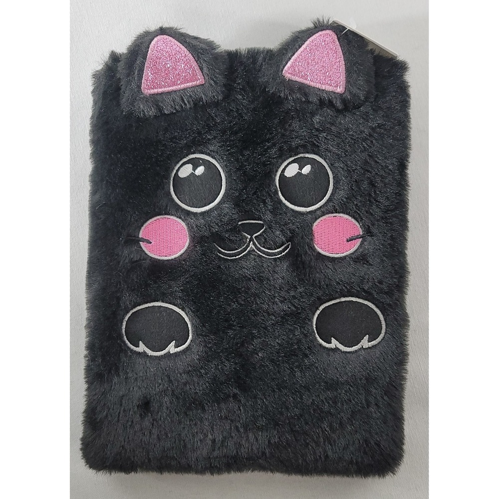 Furry Black Cat Plush Notebook Diary Halloween Notepad New With Tags